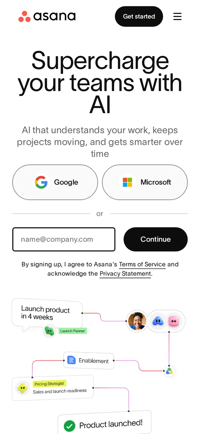 Asana's homepage rendered at mobile width, 390 pixels across