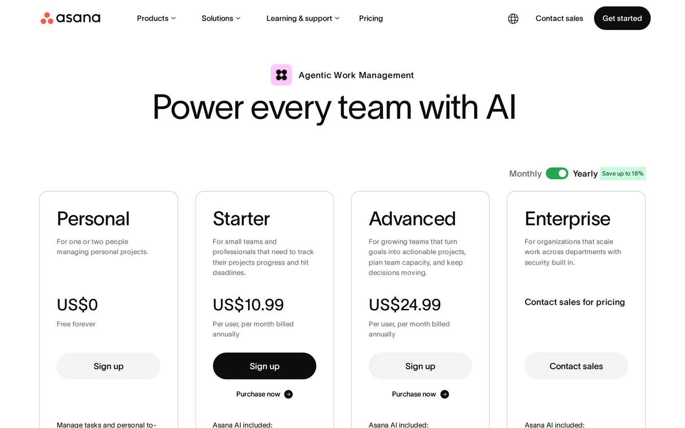 Asana's pricing page showing the Personal, Starter, Advanced and Enterprise tiers side by side