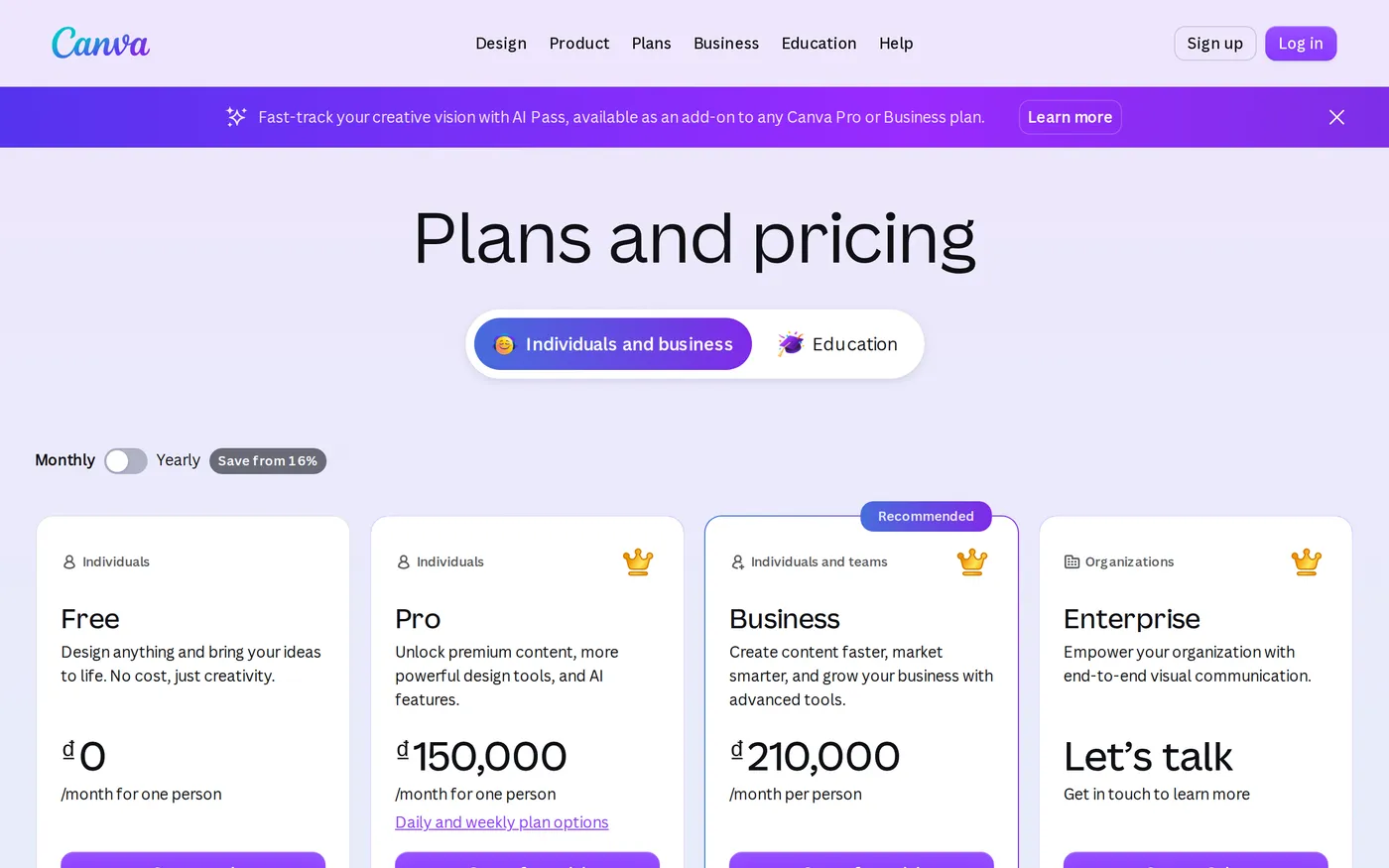 Canva's pricing page showing the Free, Pro and Business plan columns
