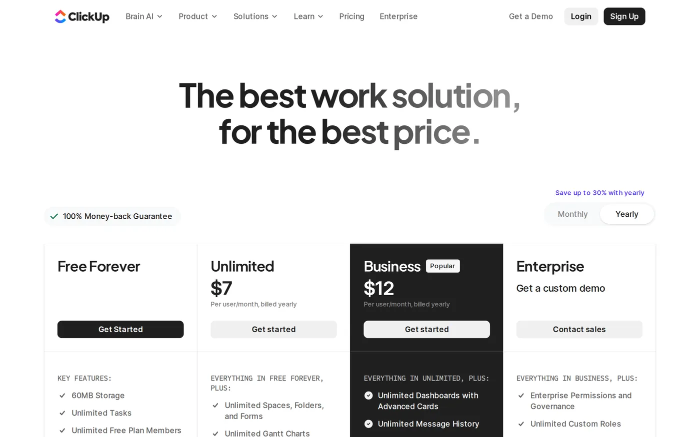 ClickUp's pricing page showing Free Forever, Unlimited, Business and Enterprise columns