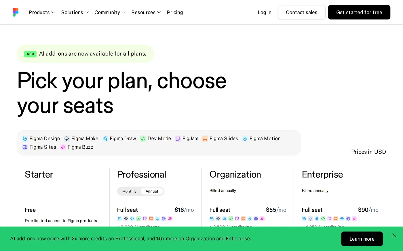 Figma's pricing page showing Starter, Professional, Organization and Enterprise plans with Full, Dev and Collab seat prices