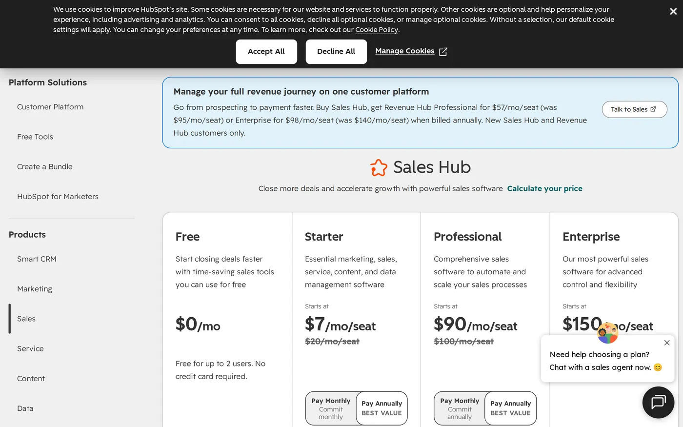 HubSpot's Sales Hub pricing page showing Free, Starter, Professional and Enterprise tiers