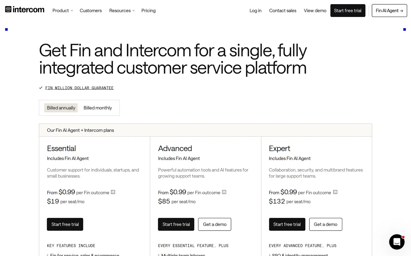 Intercom's pricing page showing the Essential, Advanced and Expert plans with per-seat prices and Fin resolution pricing