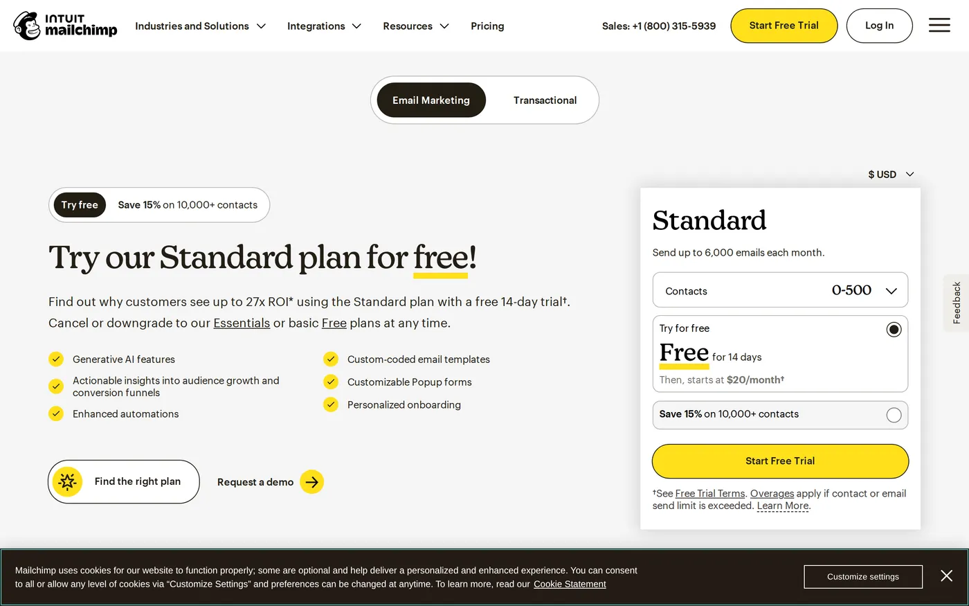 Mailchimp's marketing pricing page showing the Free, Essentials, Standard and Premium plans