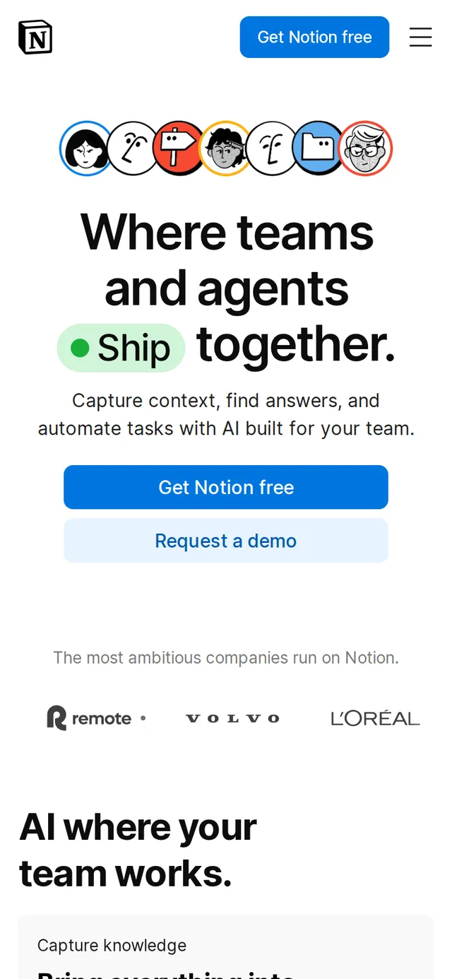 The Notion homepage at 390 pixels wide