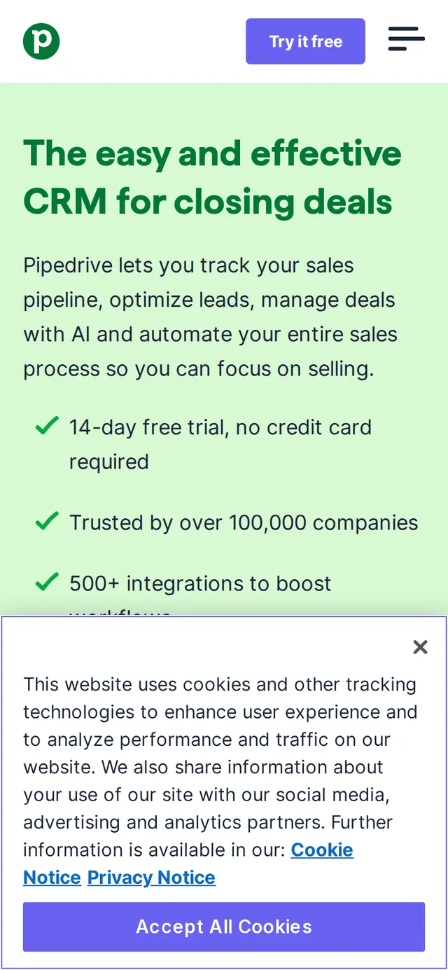 Pipedrive's homepage at 390 pixels wide showing the mobile marketing layout
