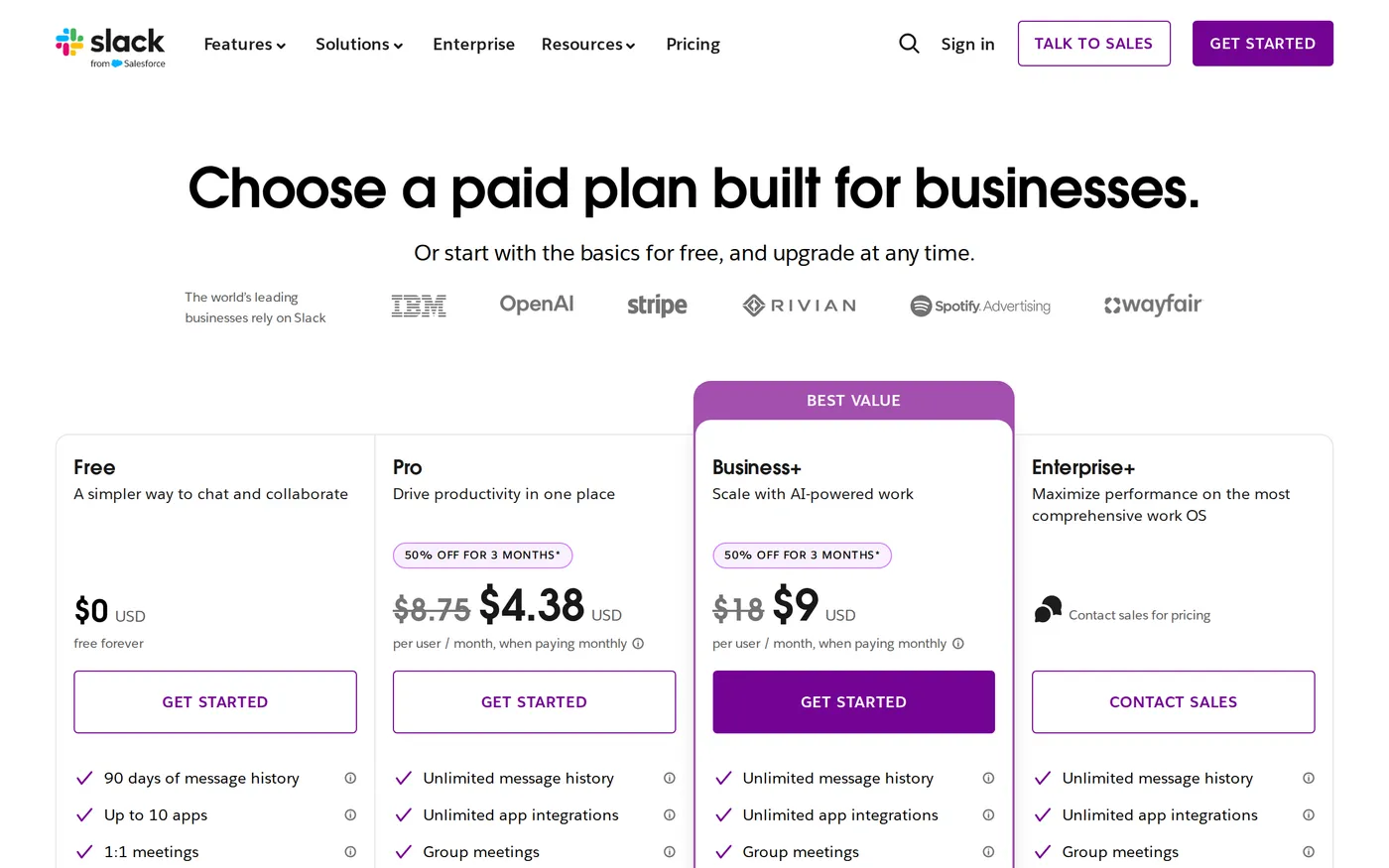 Slack's pricing page showing the Free, Pro, Business+ and Enterprise+ plans