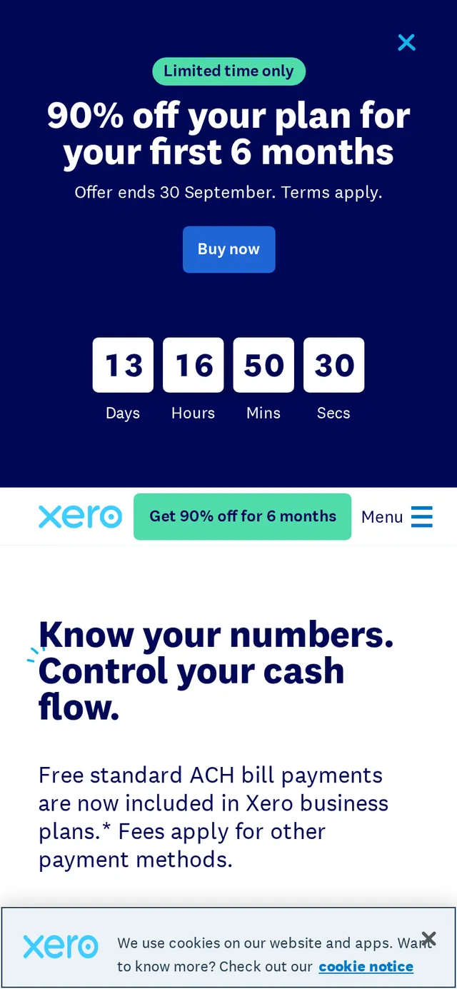 The Xero homepage at 390 pixels wide