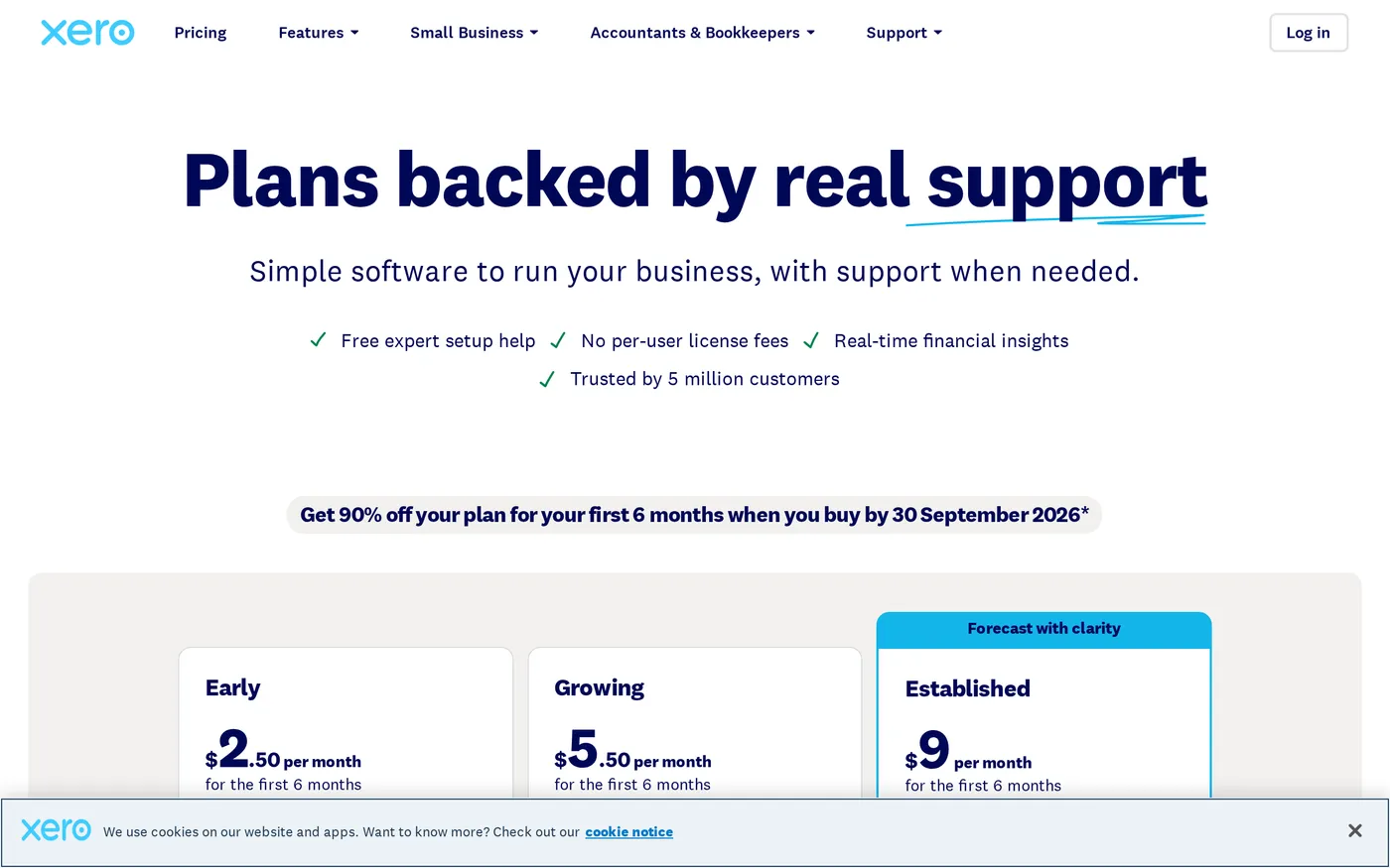 Xero's US pricing page showing the Early, Growing and Established plans with monthly prices