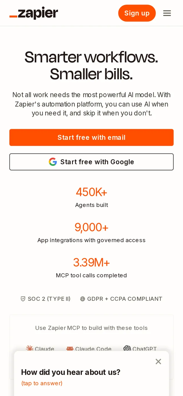 The Zapier homepage at 390 pixels wide