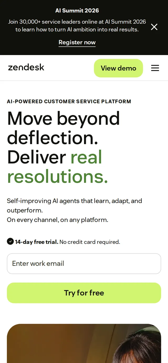The Zendesk homepage at 390 pixels wide