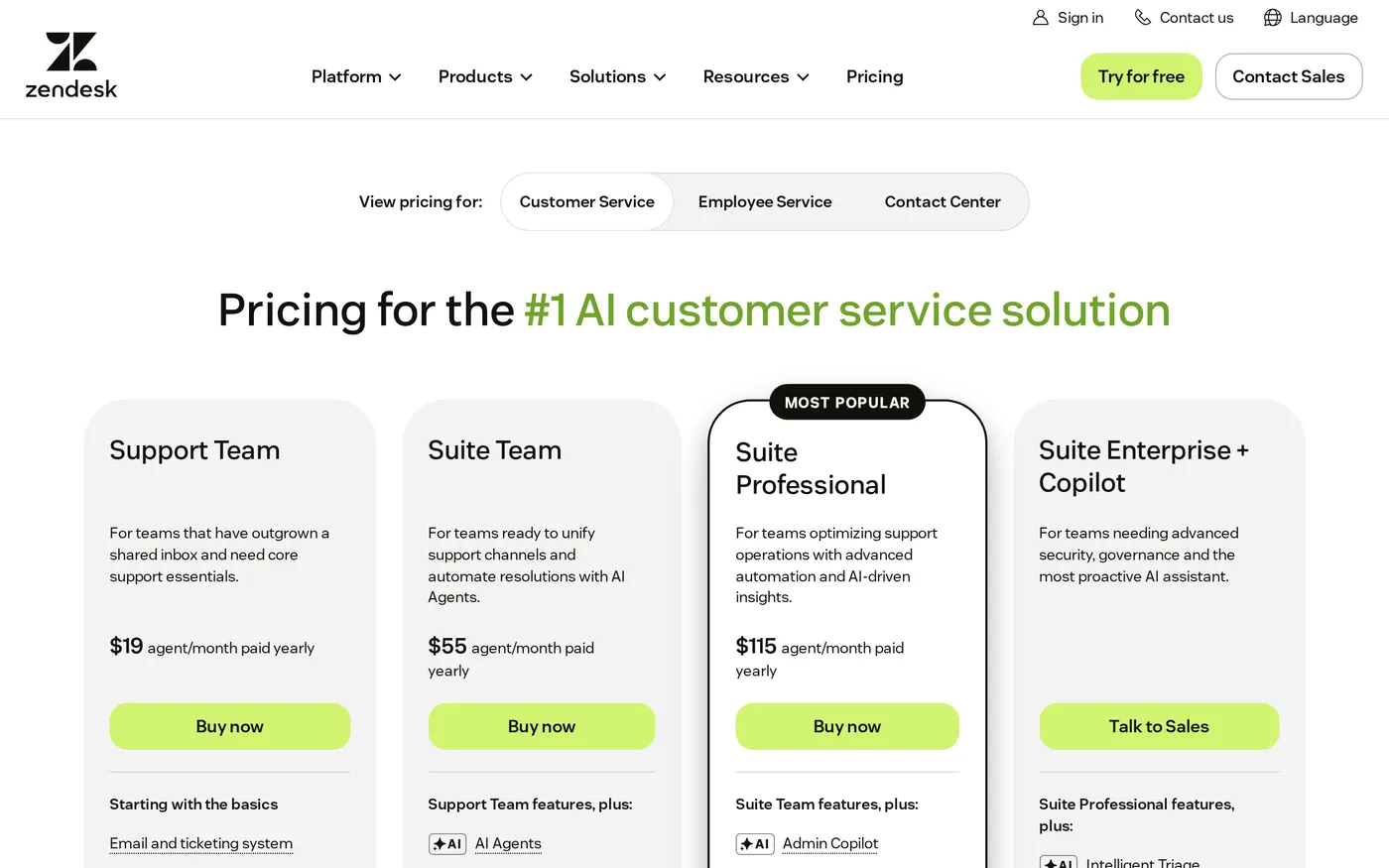 Zendesk's pricing page showing the Support Team, Suite Team, Suite Professional and Enterprise plans